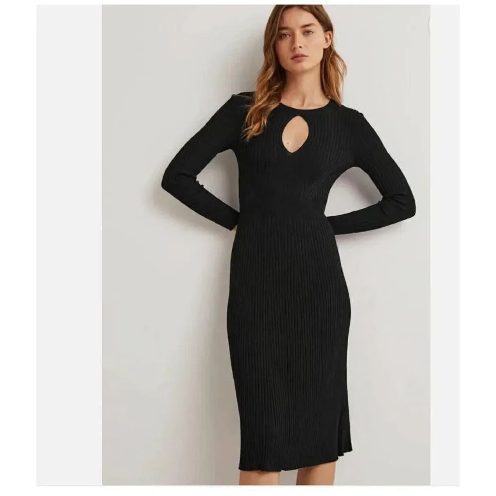 Boden Women Sweater Dress UK 14R US 10R Black Ribbed Knit Keyhole Neck D0436 NWT